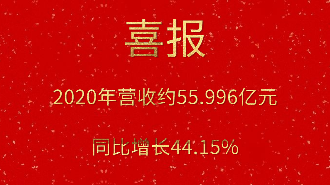 喜报！2020年营收约55.996亿元，，，，，同比增添44.15%